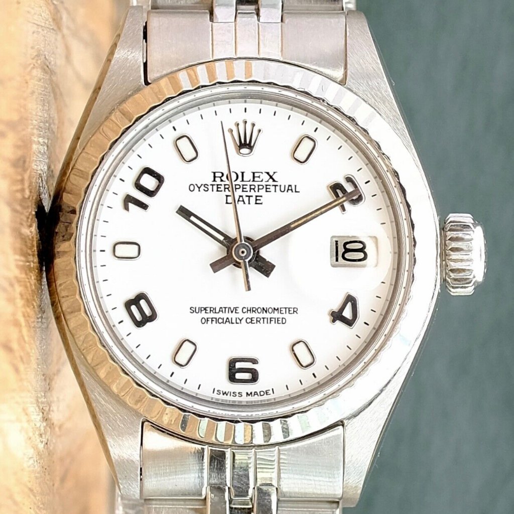 Rolex Datejust White IndexArabic Dial 18kw Fluted Steel Jubilee Watch 26mm 6917